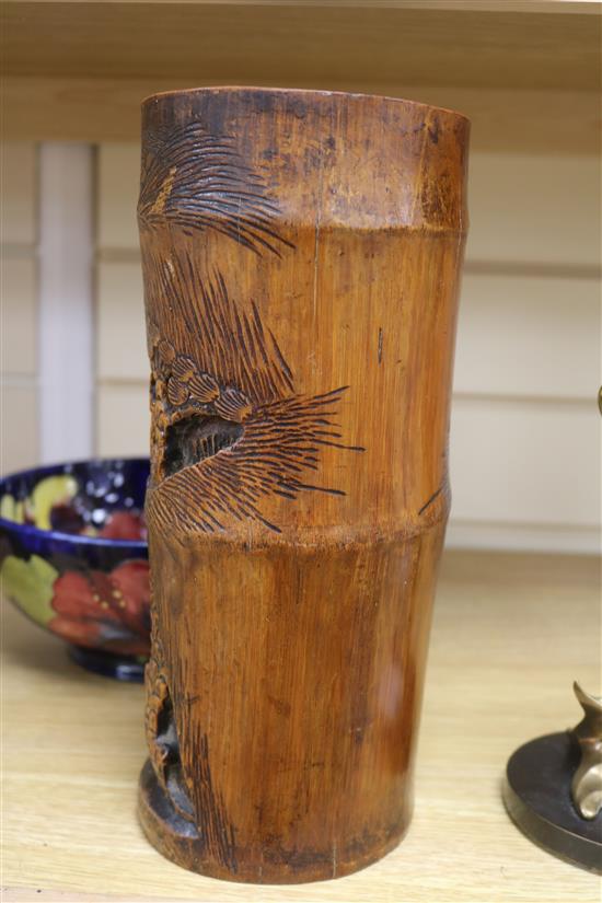 A Chinese wucai jar, a prunus and cracked ice vase and a bamboo brush pot tallest 32cm
